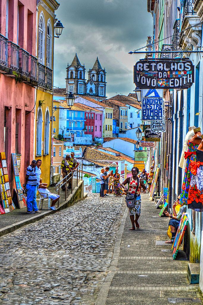 Colorful buildings and cobblestone street in Pelourinho